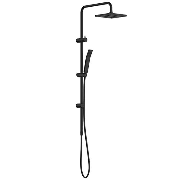 Clark Square II rail shower with overhead in matte black, square overhead and hand shower on rail, front view