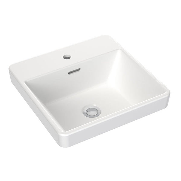 Clark square white ceramic inset basin with tap landing, one taphole and overflow, angled view