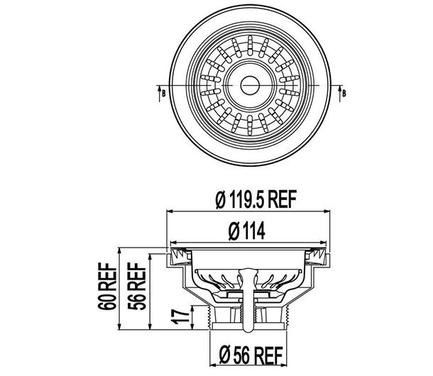 Clark round bowl overmount kitchen sink technical drawing, top and side views with dimensions and basket waste details