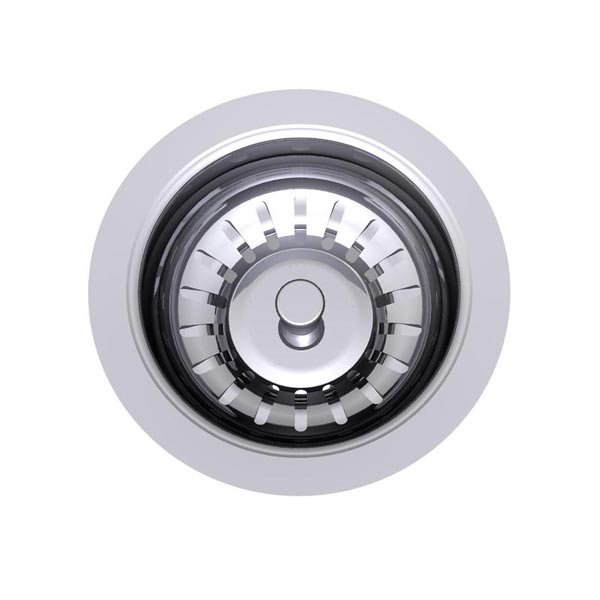 Clark stainless steel round basket waste, top view, with strainer insert and centre plug.