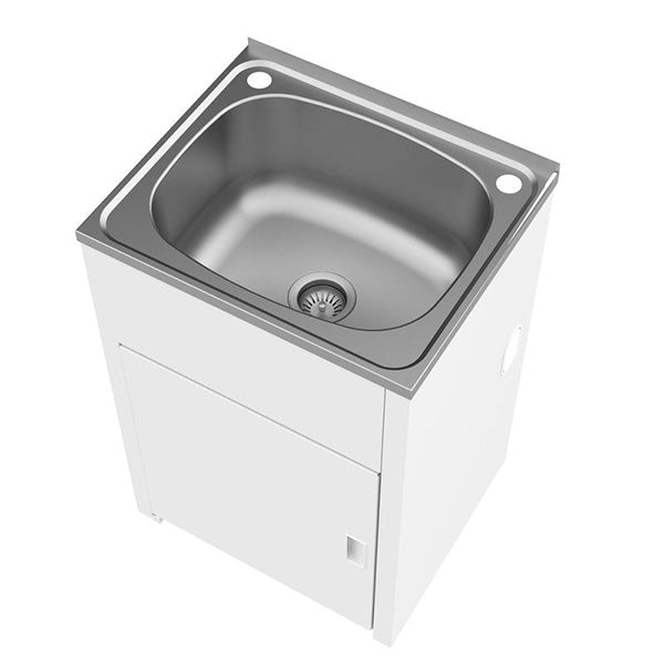 Clark Utility 42L stainless steel laundry tub and cabinet, white cabinet, angled view