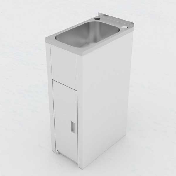 Clark Utility Mini 16L stainless steel laundry tub and cabinet, white compact cabinet with side entry tapholes, angled view
