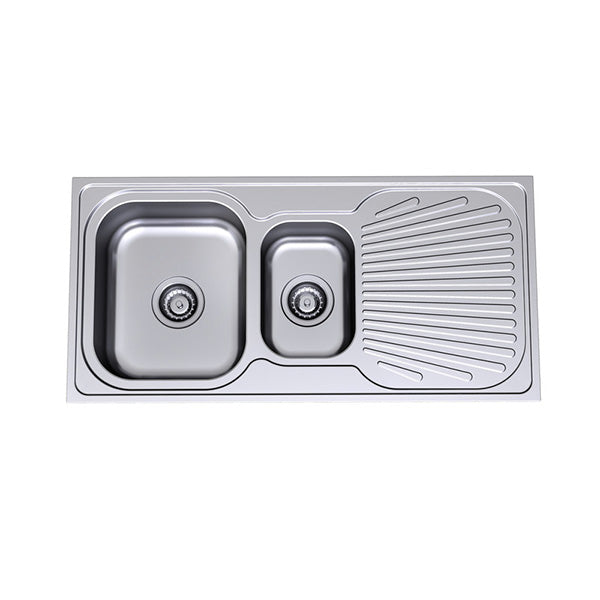 Clark Vital stainless steel 1.5 bowl kitchen sink, left-hand bowl with drainer and basket wastes, top view