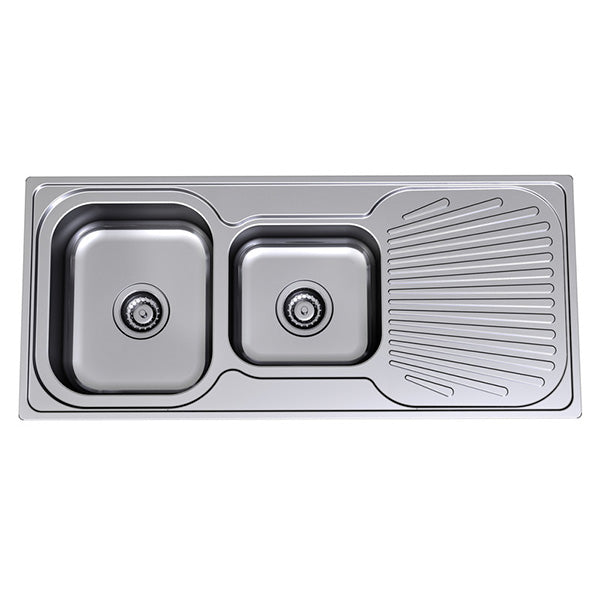 Clark Vital stainless steel 1.75 bowl kitchen sink with right-hand bowl and embossed drainer, overmount view