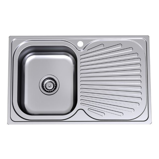 Clark Vital stainless steel single bowl kitchen sink with right-hand drainer and taphole, top view