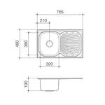 Clark Vital stainless steel rectangular single bowl inset kitchen sink technical drawing with drainer, 765 x 480mm