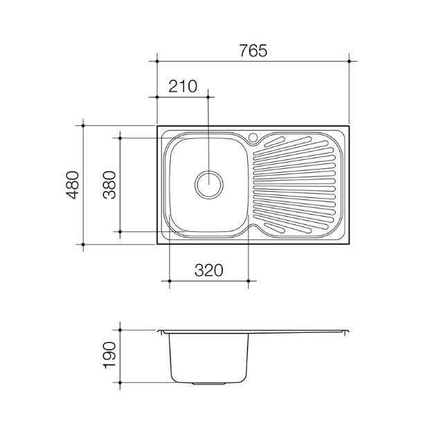 Clark Vital stainless steel rectangular single bowl inset kitchen sink technical drawing with drainer, 765 x 480mm