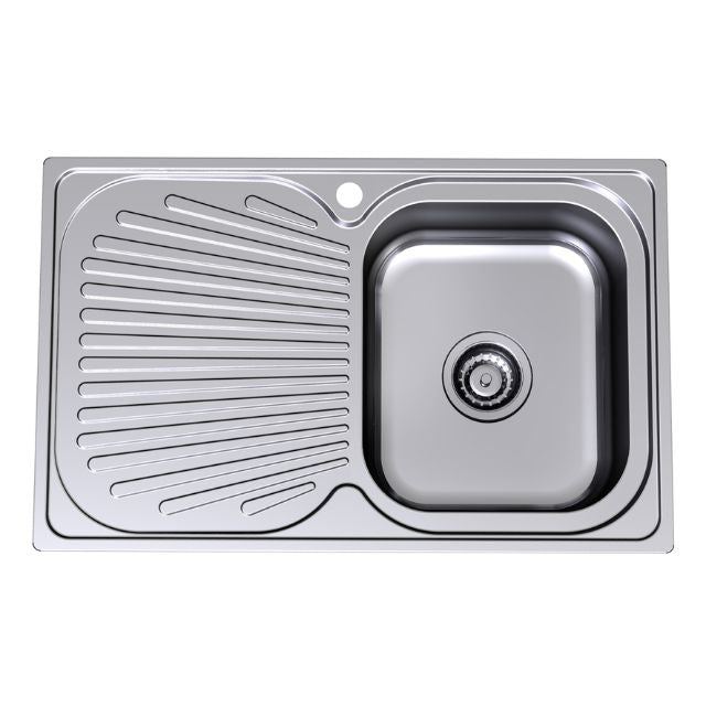 Clark Vital stainless steel single bowl inset kitchen sink with drainer, right-hand bowl and 1 taphole, top view
