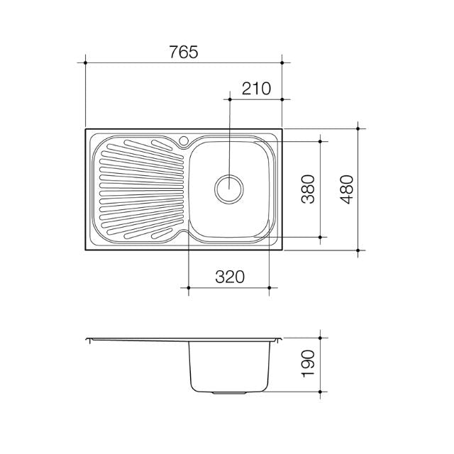 Clark Vital stainless steel single bowl inset kitchen sink technical drawing with drainer and dimensions