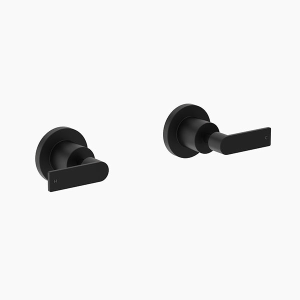 Clark Lever wall top assemblies in matte black, shown as a pair of round wall taps with lever handles on a white background
