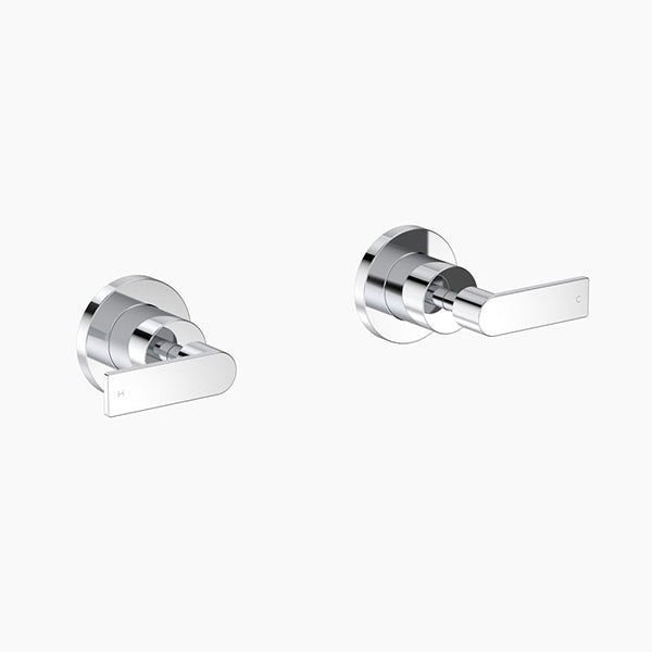 Clark chrome lever wall top assemblies, round wall-mounted taps shown in two views on white background