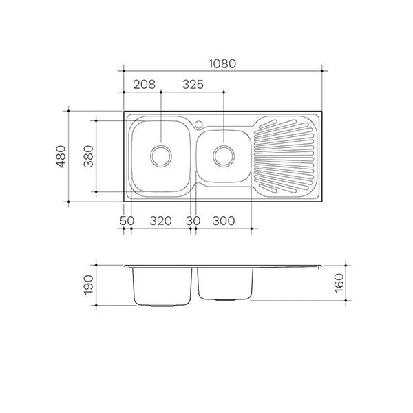 Clark Vital 1.75 End Bowl kitchen sink technical drawing, stainless steel overmount with left bowl, drainer and dimensions shown