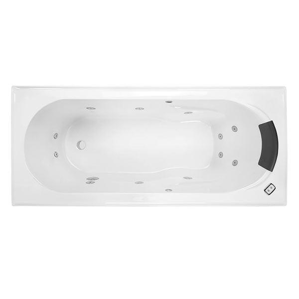Decina Adatto Contour white oval spa bath with jets and black headrest, top view, 1510mm