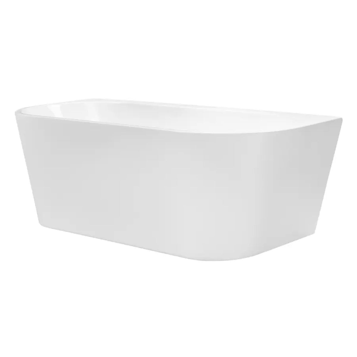 Decina Alegra back-to-wall freestanding bath in gloss white, side view, with curved oval form and clean white finish