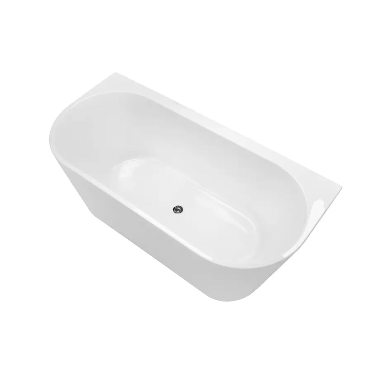 Decina Alegra back-to-wall freestanding bath in glossy white, oval shape, angled top view with centre waste, 1700mm