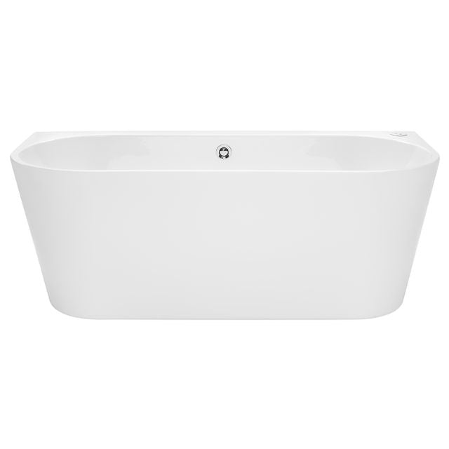 Decina Alegra back to wall freestanding spa bath in gloss white, front view with oval shape and chrome waste opening