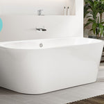 Decina Alegra back-to-wall freestanding spa bath in high gloss white, with centre waste and chrome jet detail per visible image