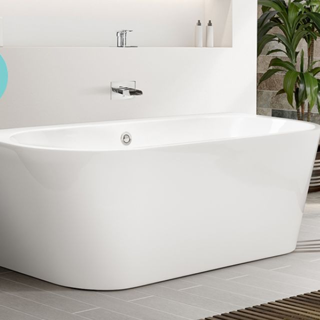 Decina Alegra back-to-wall freestanding spa bath in high gloss white, with centre waste and chrome jet detail per visible image