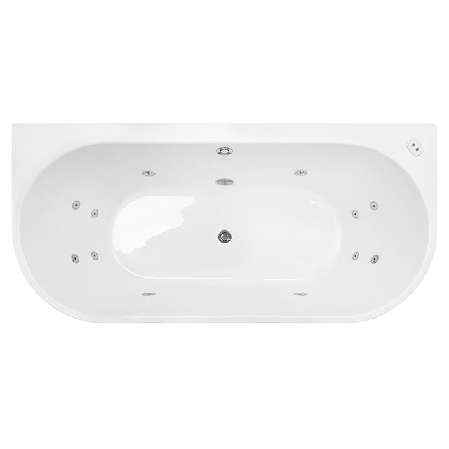 Decina Alegra white oval spa bath, top view, with chrome jets and centre waste