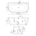 Decina Alegra Contour back-to-wall spa bath technical drawing, oval white bath with centre waste and jet layout dimensions
