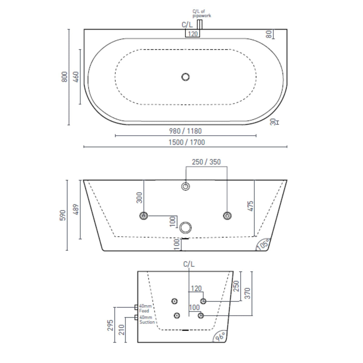 Technical drawing of a Decina Alegra back-to-wall freestanding spa bath, oval white 1700mm dimensions and plumbing layout