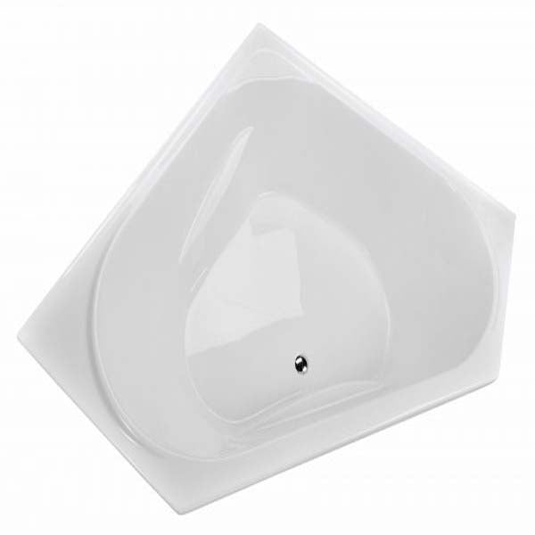 Decina Angelique white acrylic inset corner bath, angled top view, with moulded seat and chrome waste hole visible