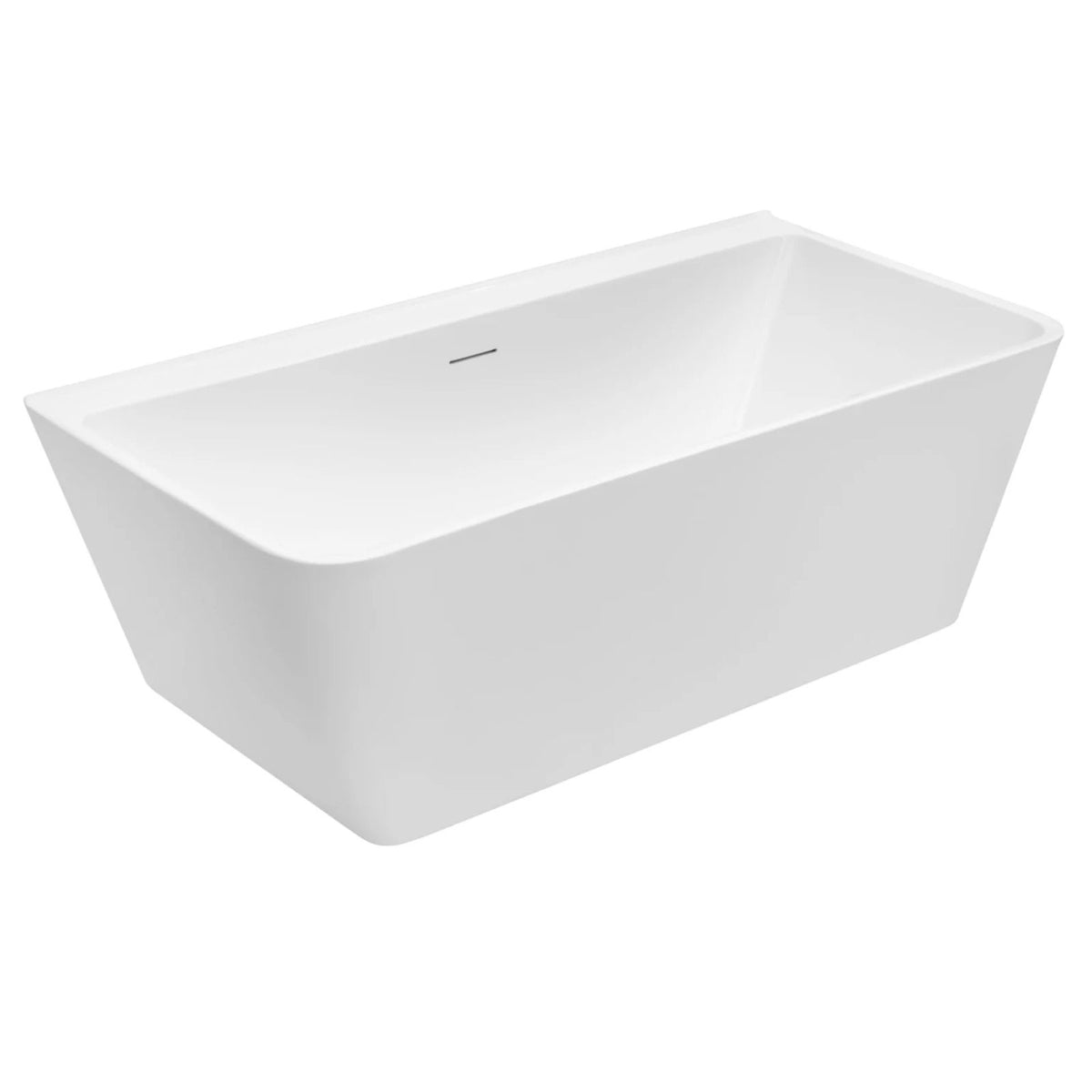 Decina Aria white back-to-wall freestanding bath with integrated overflow, rectangular acrylic bath, angled view