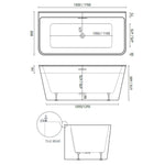 Technical drawing of Decina Aria back-to-wall freestanding bath, 1500/1700mm, rectangular white bath with tile bead and centre waste