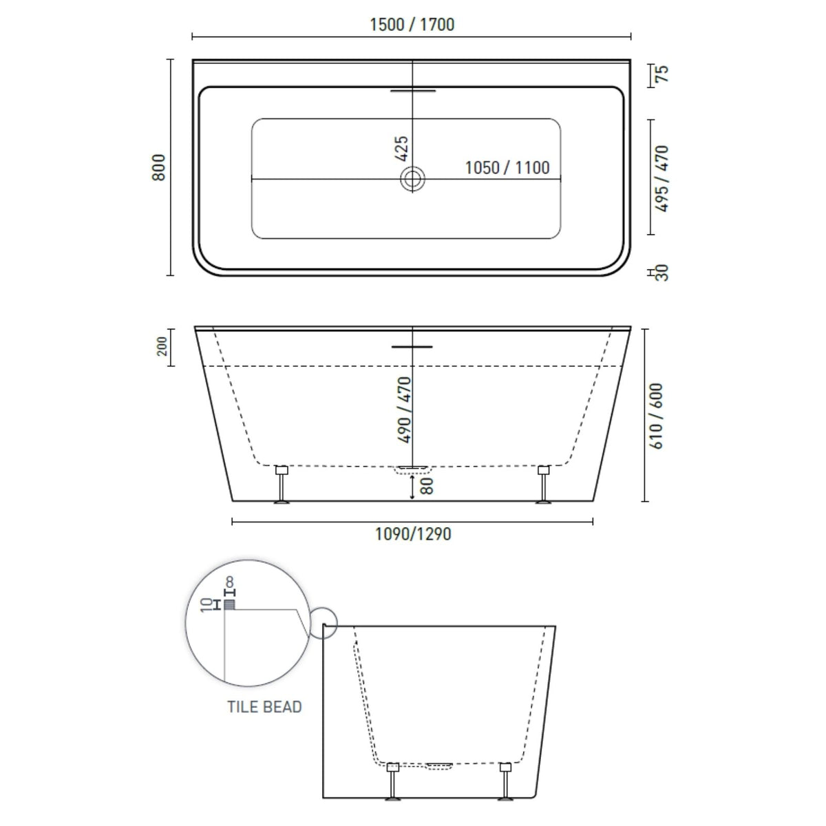 Technical drawing of Decina Aria back-to-wall freestanding bath, 1500/1700mm, rectangular white bath with tile bead and centre waste