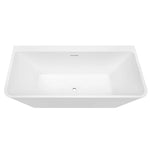 Decina Aria white back-to-wall freestanding bath, rectangular acrylic bath with integrated overflow and centre waste on white background