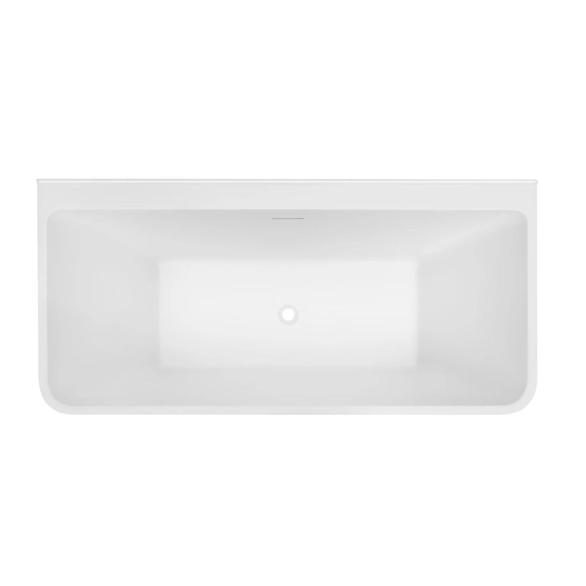 Decina Aria white back-to-wall freestanding bath, top view with centre waste and integrated overflow slot