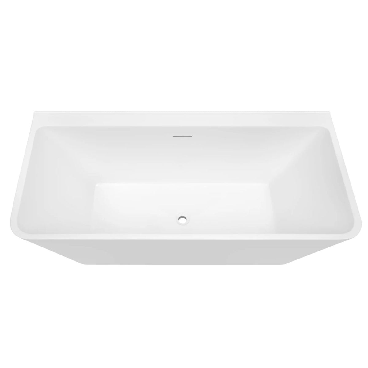 Decina Aria white back-to-wall freestanding bath with integrated overflow and centre waste, top view