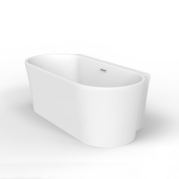Decina Aurora back to wall bath, matte white oval acrylic tub with integrated overflow, angled on white background