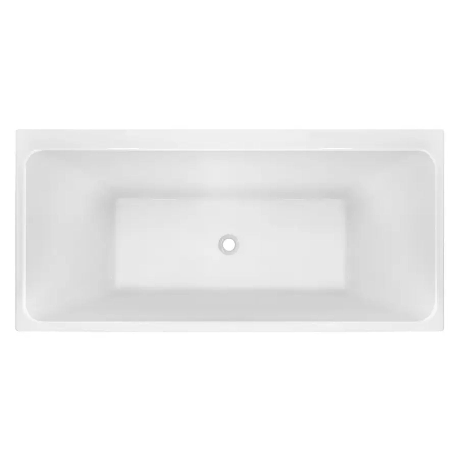 Decina Bianco white rectangular freestanding bath, top view, with centre waste and back-to-wall profile