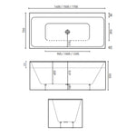 Technical drawing of Decina Bianco 1500mm rectangular freestanding bath, top and side dimensions with centre waste shown