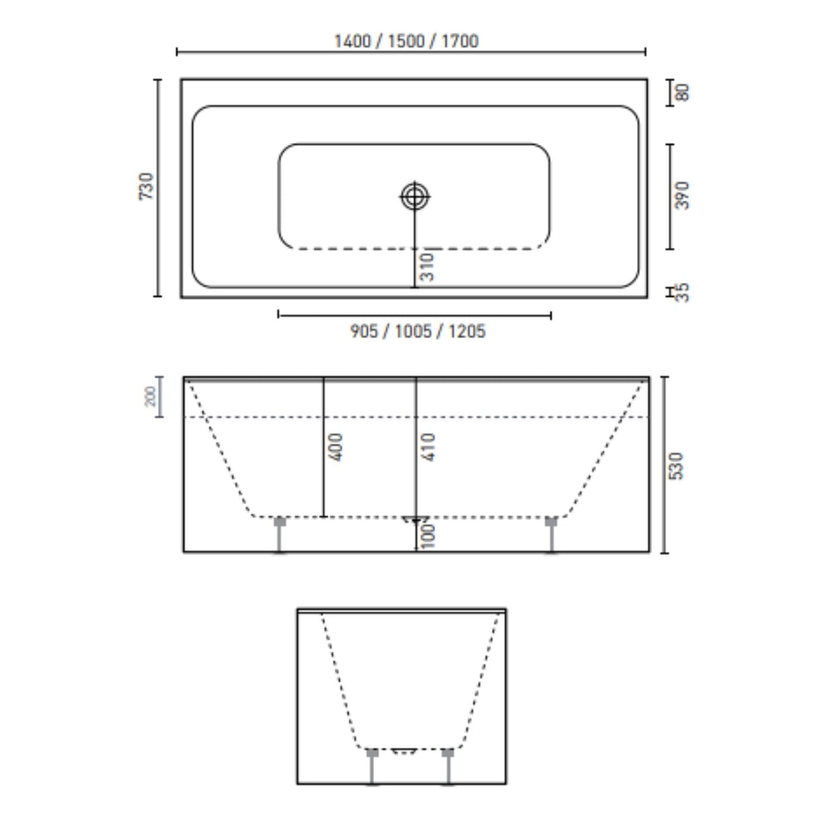Technical drawing of Decina Bianco 1500mm rectangular freestanding bath, top and side dimensions with centre waste shown