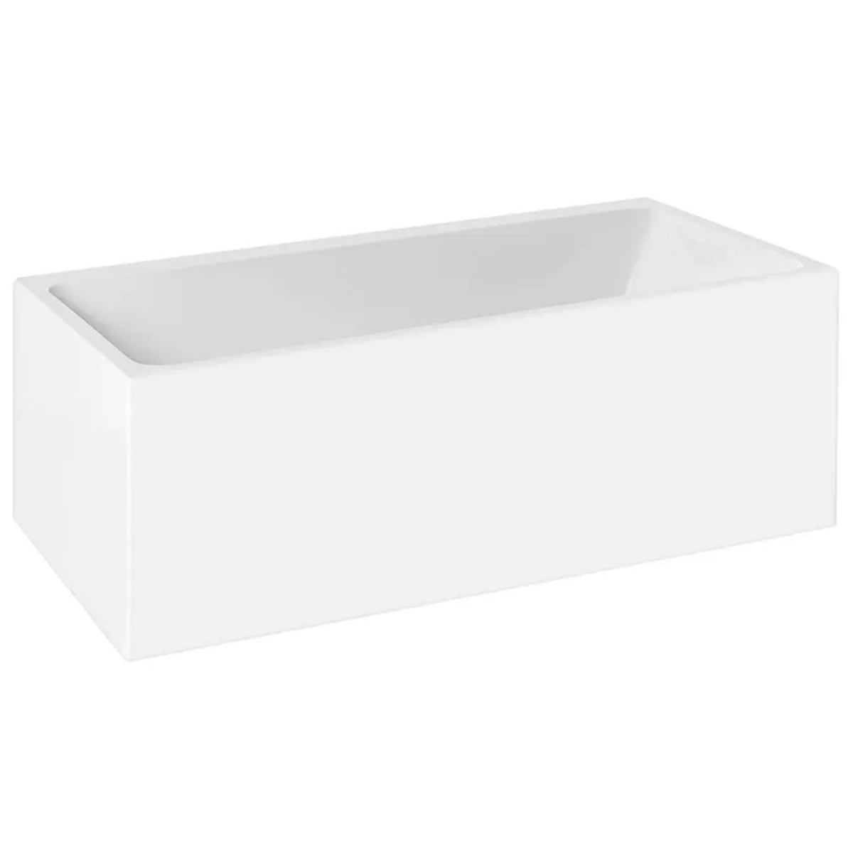 Decina Bianco white rectangular freestanding bath in back-to-wall view on white background