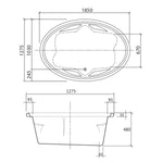 Decina Duo Contour oval spa bath 1850mm technical drawing, top and side views in white with dimensions shown