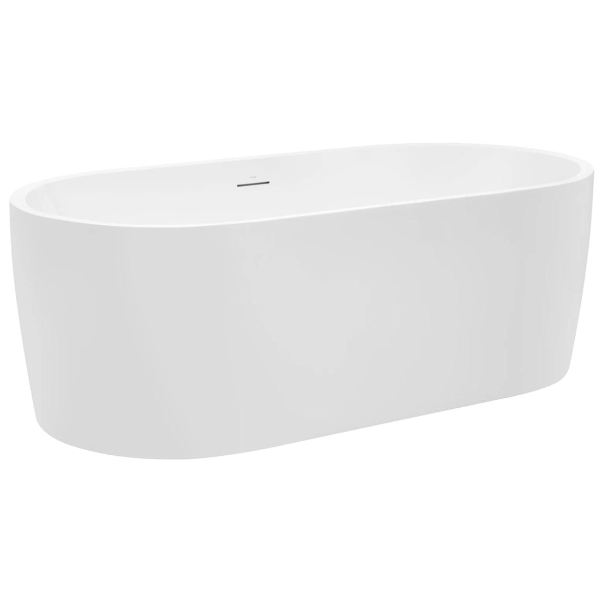 Decina Elisi white oval freestanding bath with integrated overflow, shown in a front angled view
