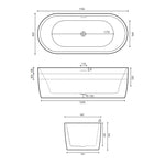 Technical drawing of Decina Elisi 1700 freestanding bath in oval white with integrated overflow and centre waste, 1700mm dimensions shown