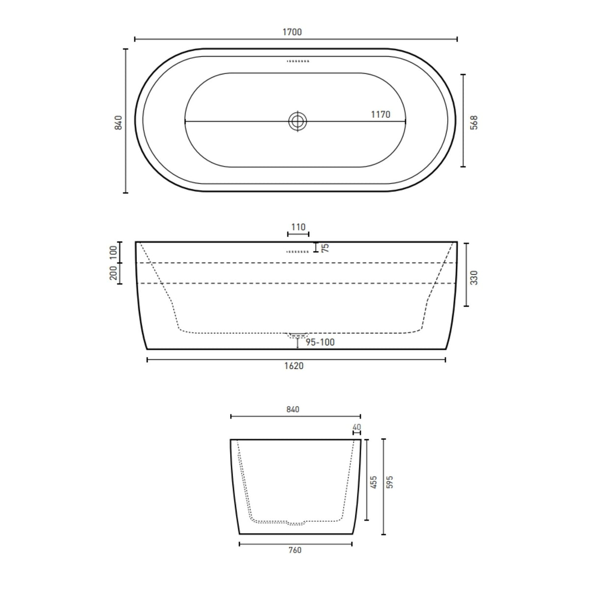 Technical drawing of Decina Elisi 1700 freestanding bath in oval white with integrated overflow and centre waste, 1700mm dimensions shown