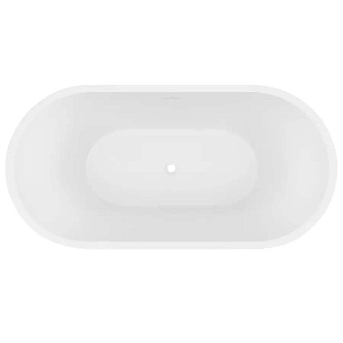 Decina Elisi white freestanding oval bath, top view, with integrated overflow and centre waste opening