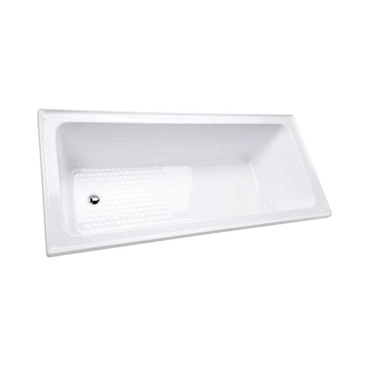 Decina Fabrino white inset bath with tile flange, rectangular shape and end waste, shown in angled view