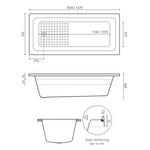 Decina Fabrino 1675 inset bath technical drawing with dimensions, rectangular white acrylic bath and end waste position