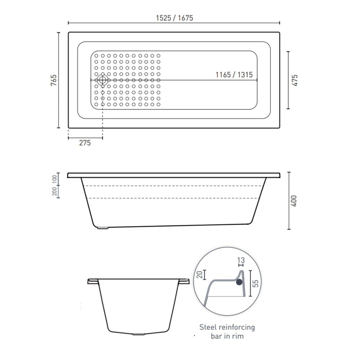 Decina Fabrino 1675 inset bath technical drawing with dimensions, rectangular white acrylic bath and end waste position