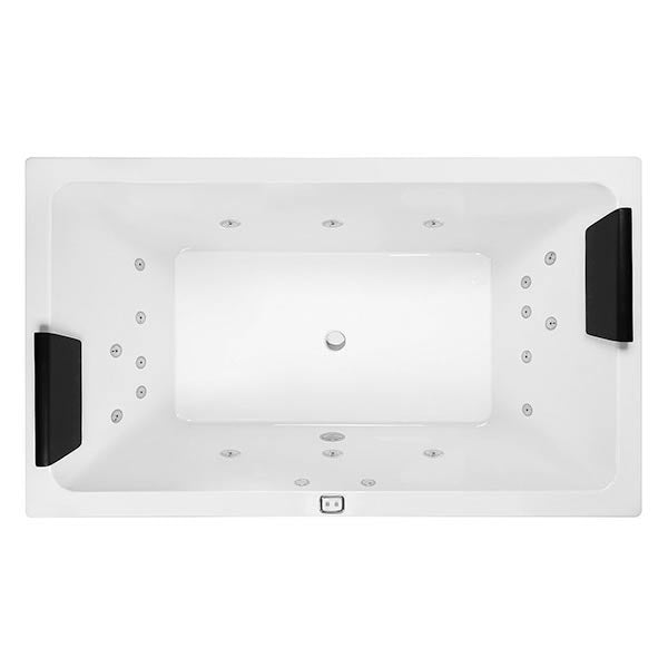 Decina Lago Contour white rectangular spa bath with jets and two black headrests, top view