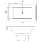 Decina Lago Contour Spa Bath 1795mm technical drawing, rectangular white gloss acrylic bath with dimensions and side view