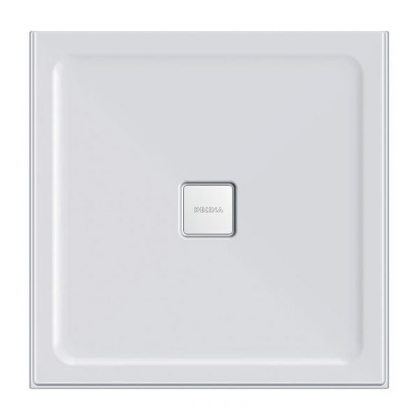 Decina Luna white square shower base with centre chrome waste cover, front view