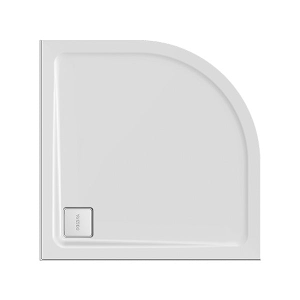 Decina Luna white curved shower base with square waste cover, shown from above