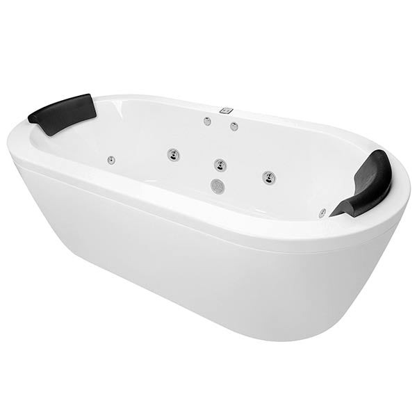 Decina Mintori white oval freestanding spa bath with black headrests and jet nozzles on the rim